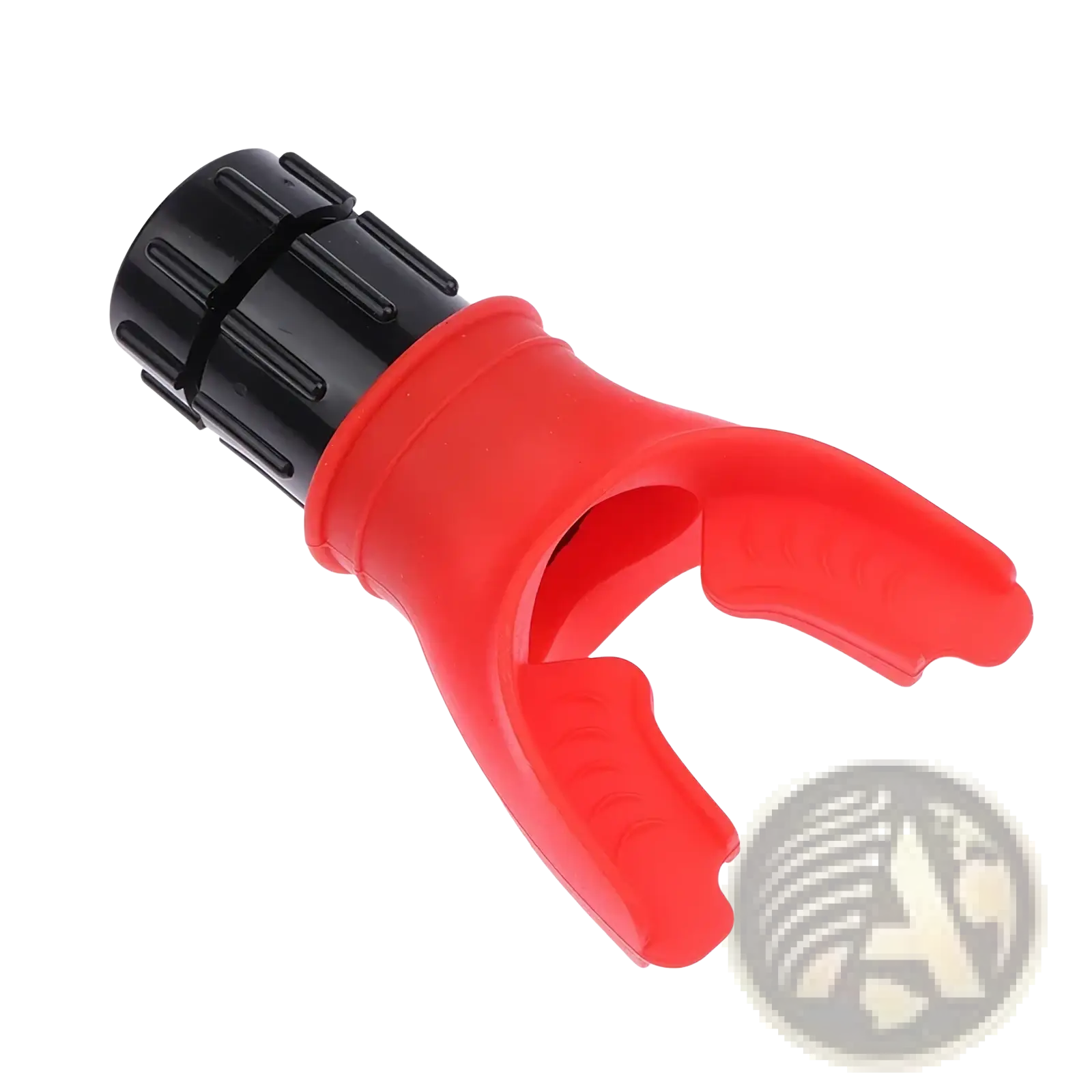 Red and black plastic scuba diving regulator mouthpiece with textured grip for lung capacity training device respiratory fitness tool