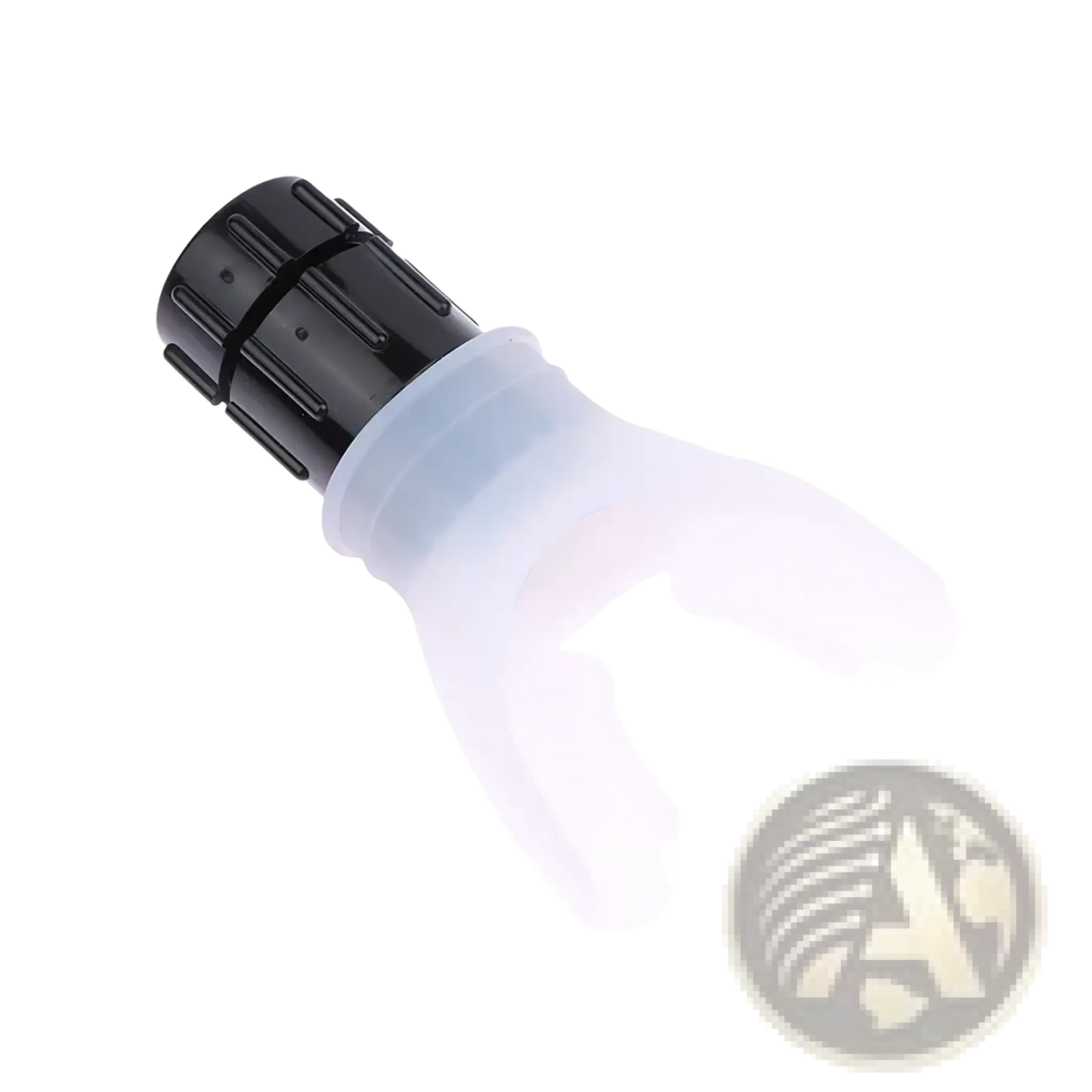 Transparent silicone lung capacity training device with black ribbed plastic mouthpiece for respiratory fitness