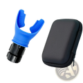 Blue silicone snorkel mouthpiece with black connector and black zippered case for lung fitness breathing trainer device