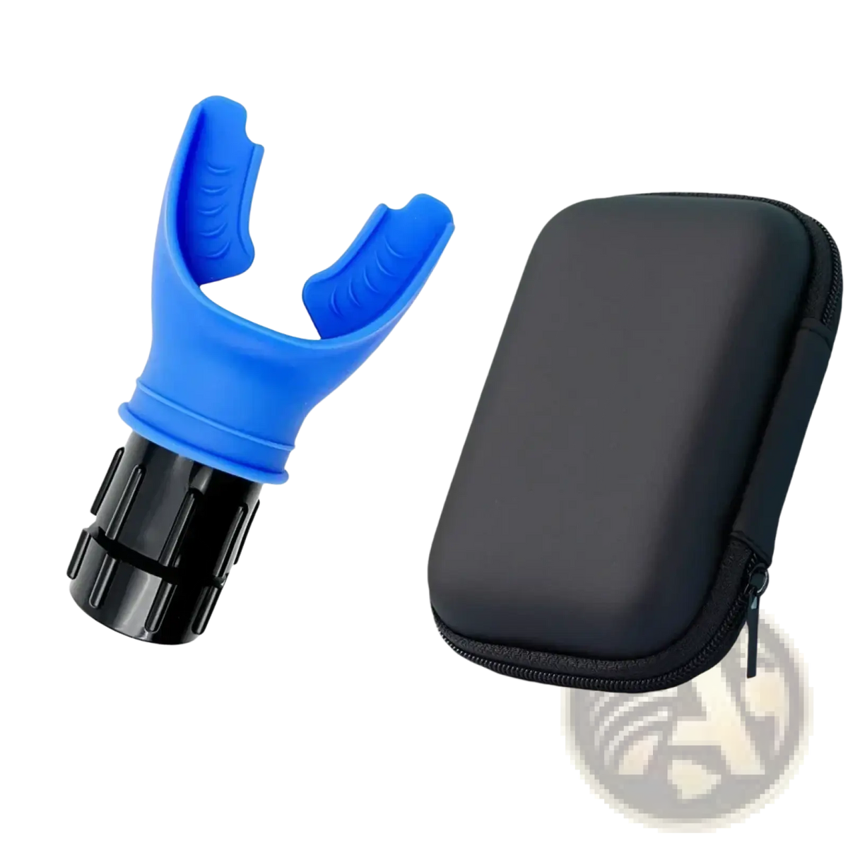 Blue silicone snorkel mouthpiece with black connector and black zippered case for lung fitness breathing trainer device