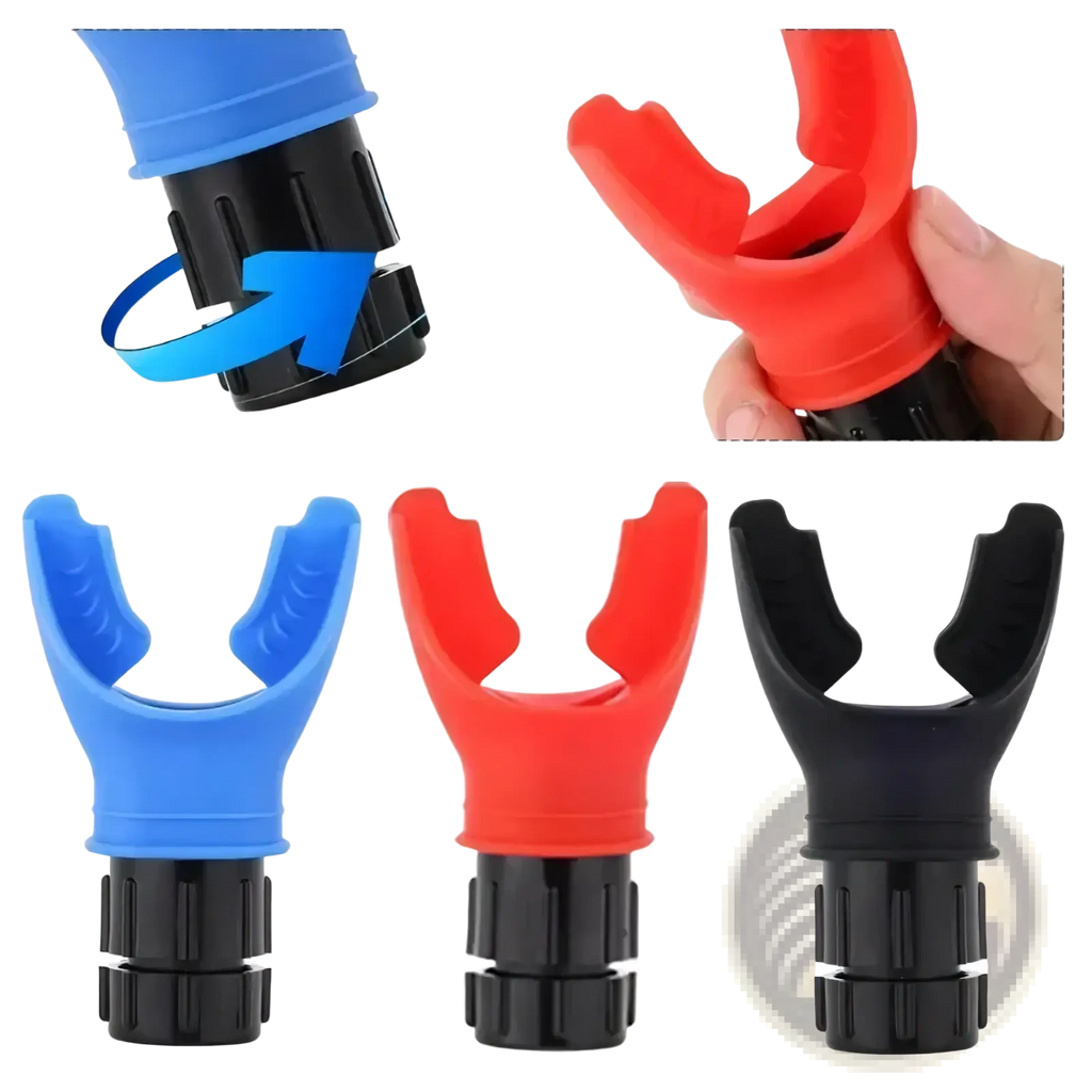 Lung fitness breathing trainer with blue red and black plastic scuba regulator mouthpieces featuring textured grips