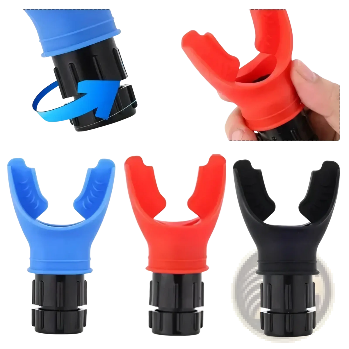 Lung fitness breathing trainer with blue red and black plastic scuba regulator mouthpieces featuring textured grips