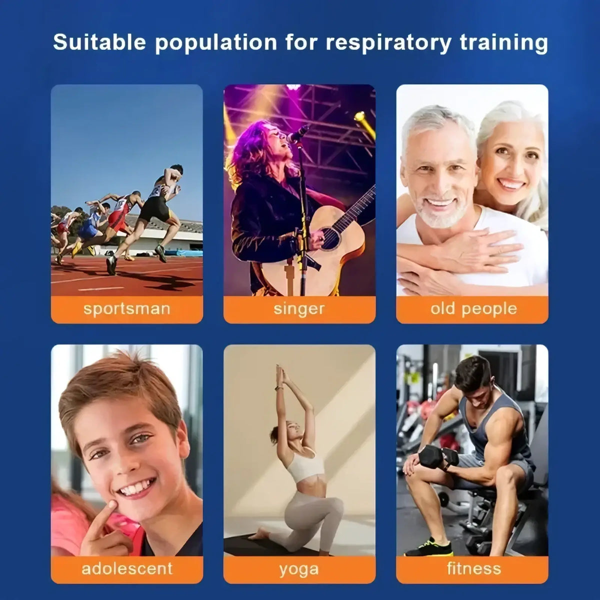 The lung fitness breathing trainer and resistance exercise device shows six panels of people running, singing, yoga, and lifting on blue background