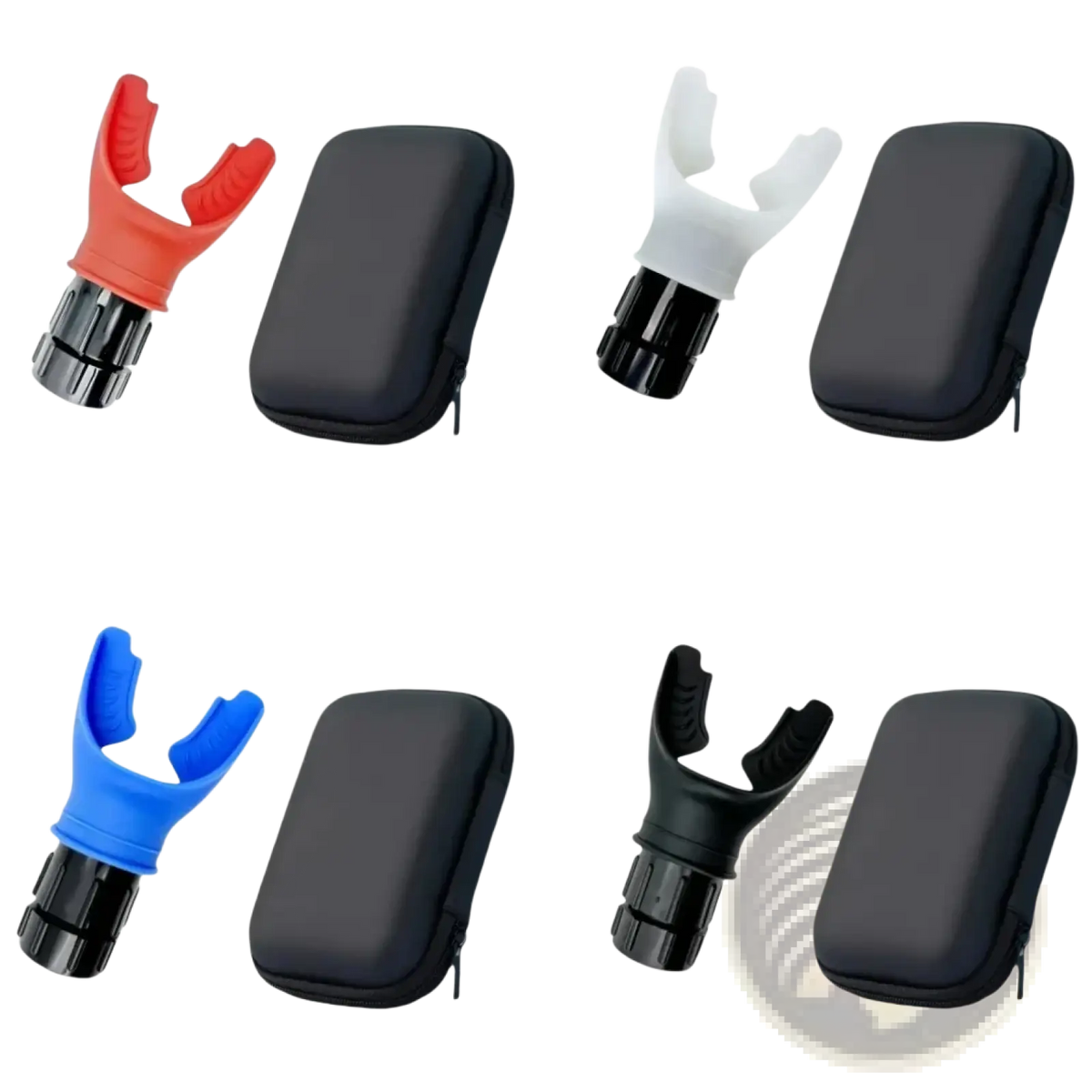 Lung fitness breathing trainer with red white blue and black silicone snorkel mouthpieces and black zippered carrying cases