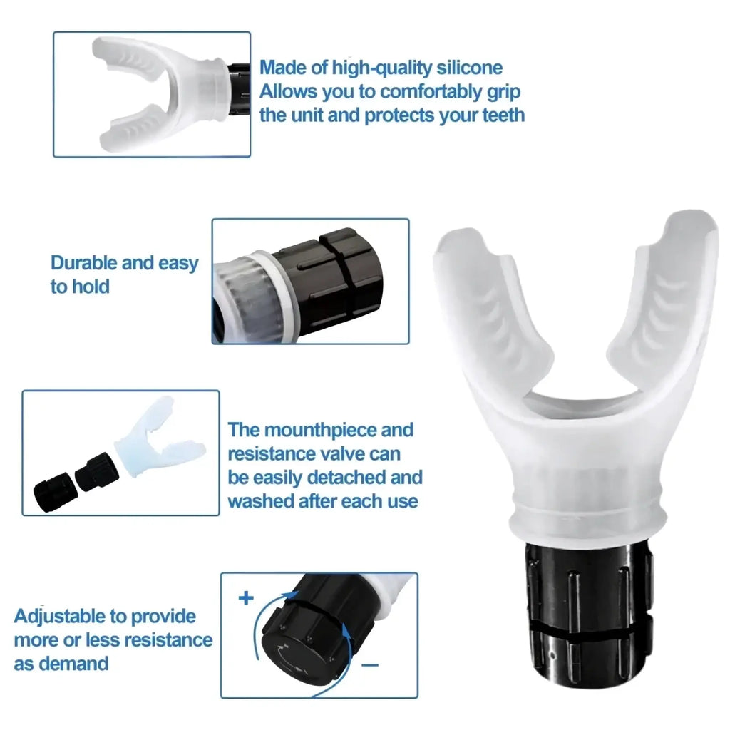 White silicone snorkel mouthpiece with black adjustable resistance valve for lung fitness breathing trainer device