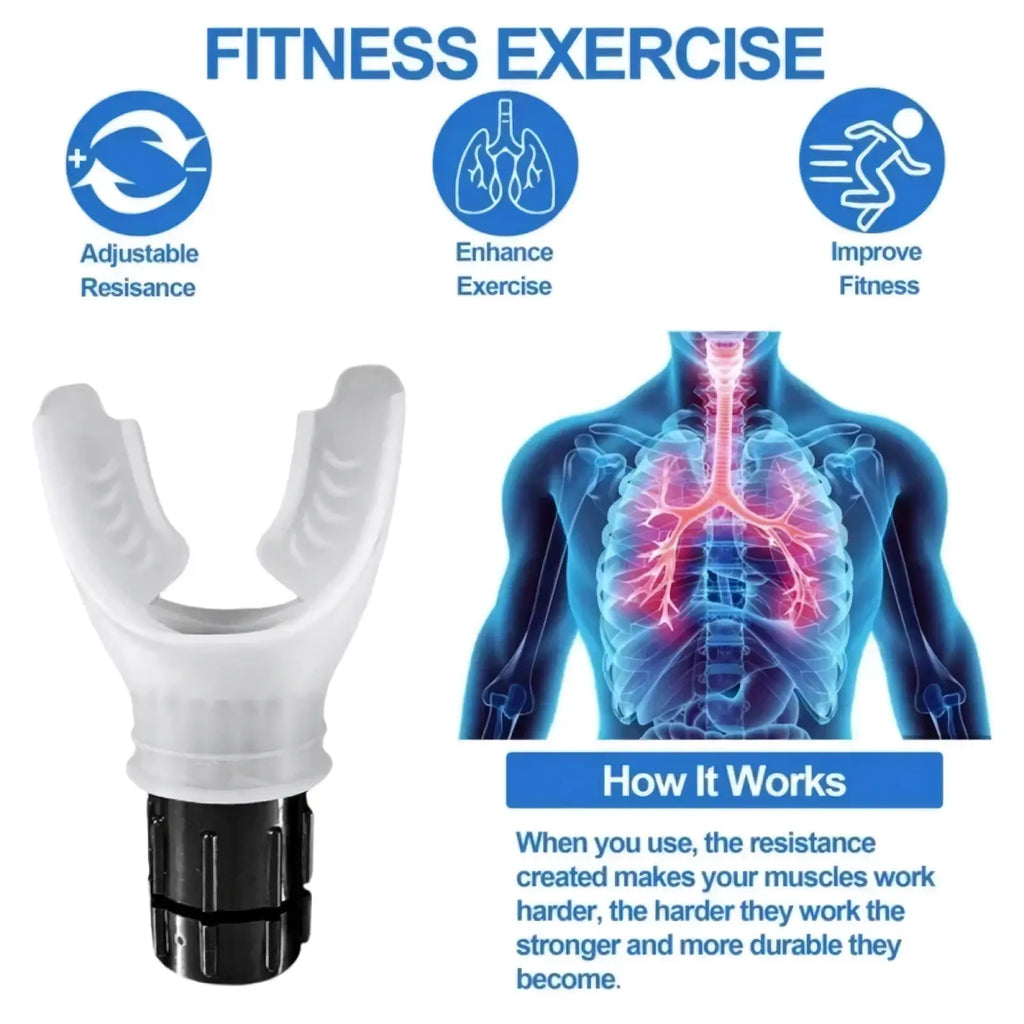 White and black adjustable resistance mouthpiece for lung fitness breathing trainer and resistance exercise device