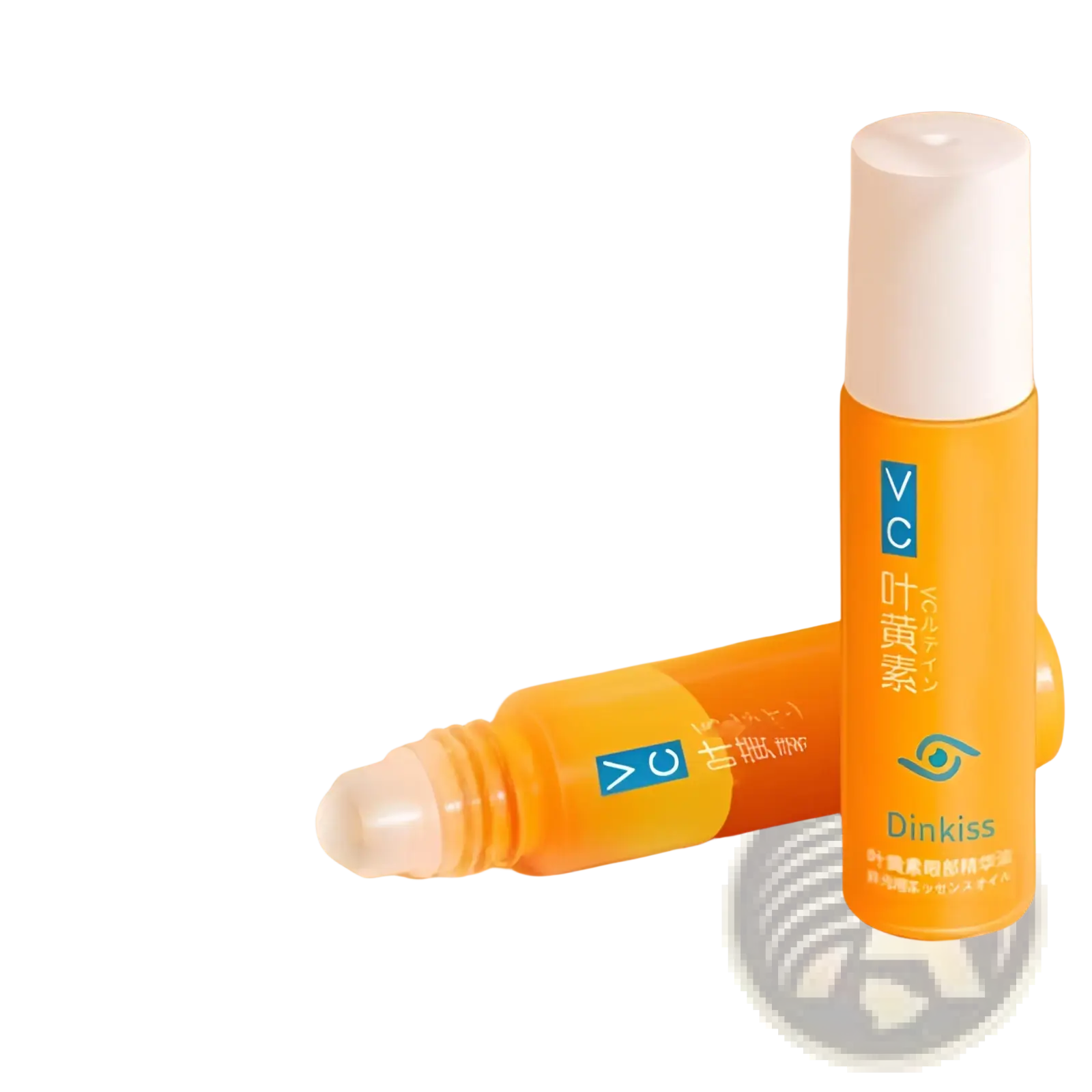 Orange roll-on eye serum bottle with white cap and blue label featuring vc lutein formula for hydrating eye care 8ml