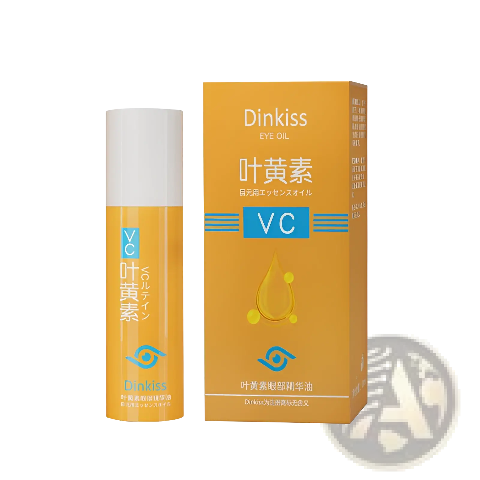 Orange and white dinkiss lutein eye essential oil hydrating vc serum 8ml bottle with blue accents and japanese text label
