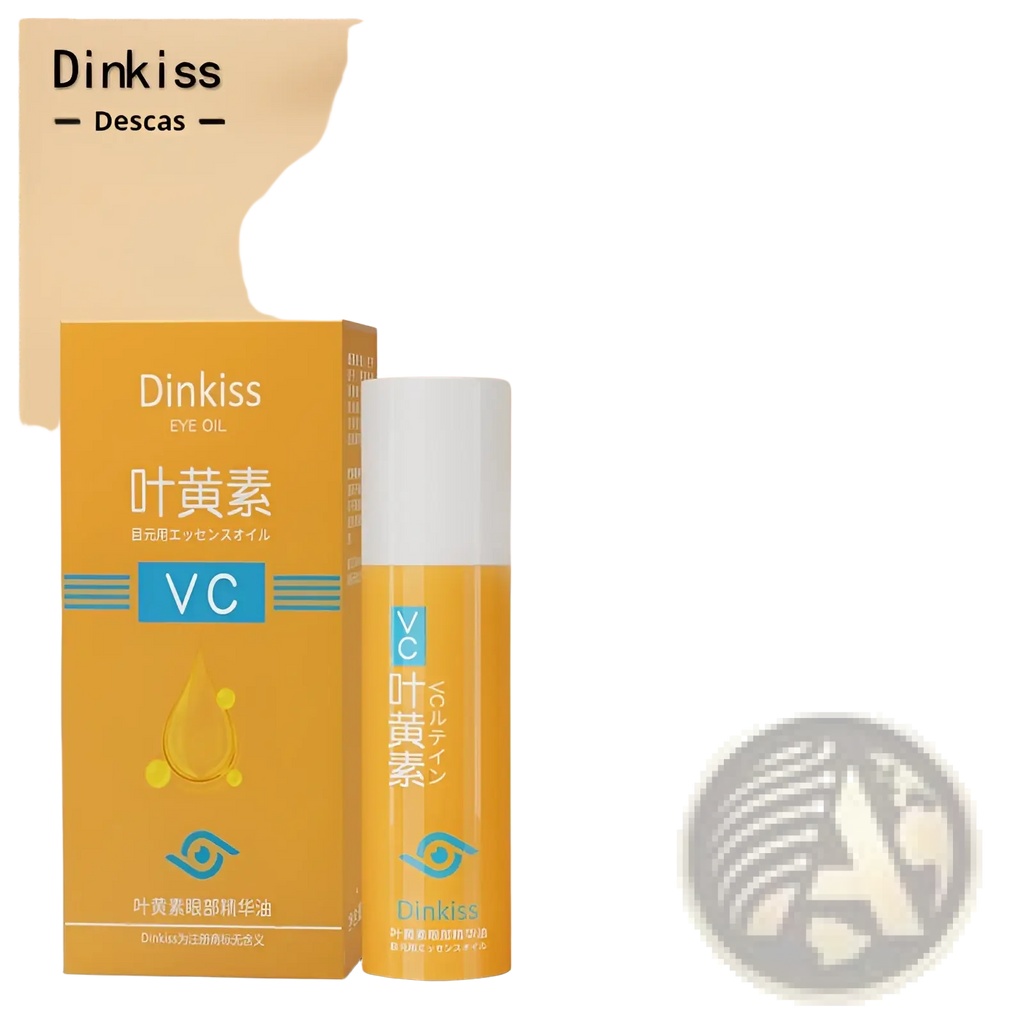 Orange-tinted glass bottle with white cap and blue label for Dinkiss vc lutein eye oil hydrating serum 8ml