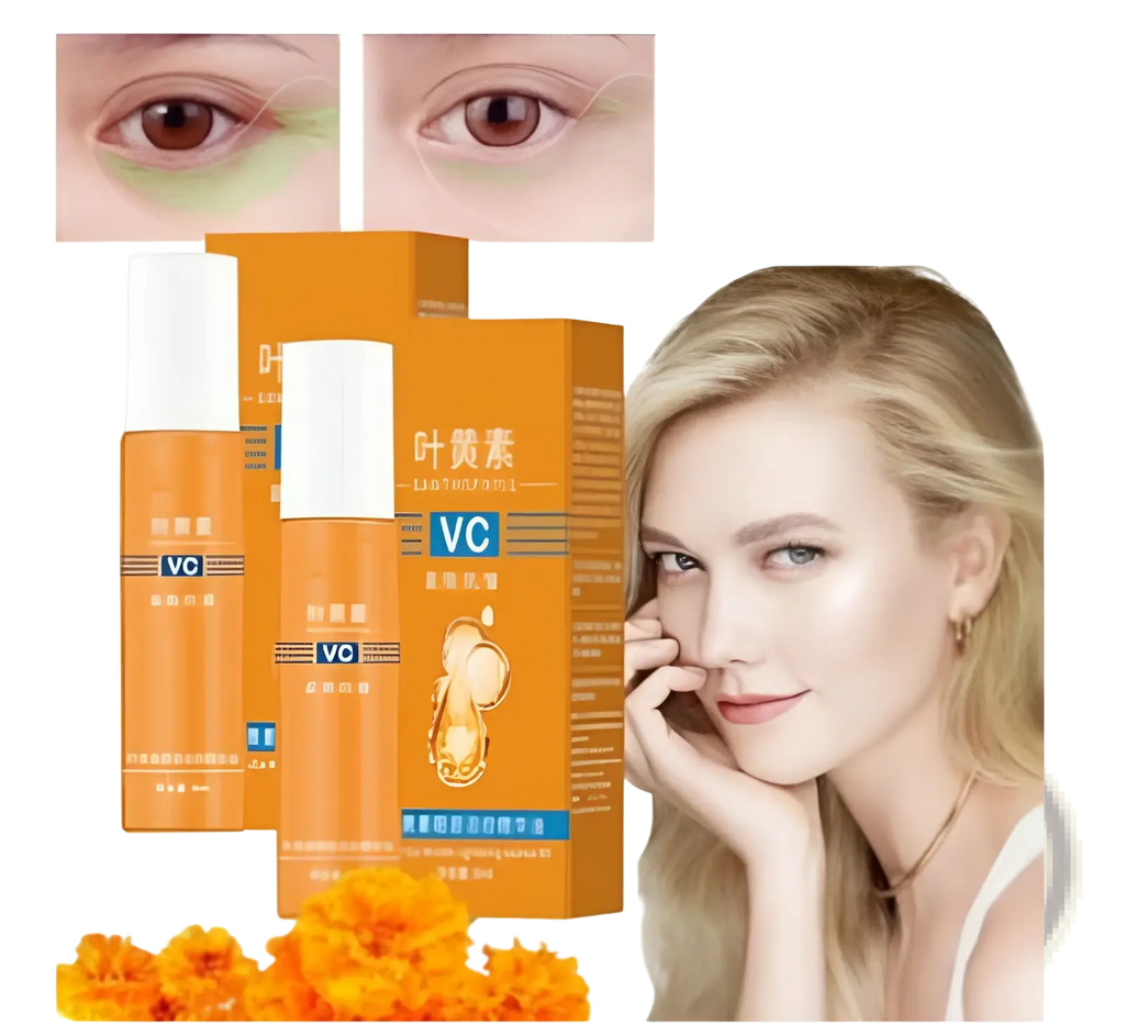 Orange and white vc serum bottles in pack of two with chinese labeled boxes featuring ginseng root illustration for eye hydration