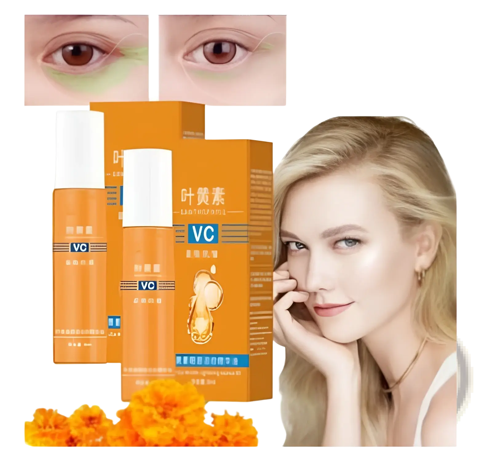 Orange and white vc serum bottles in pack of two with chinese labeled boxes featuring ginseng root illustration for eye hydration