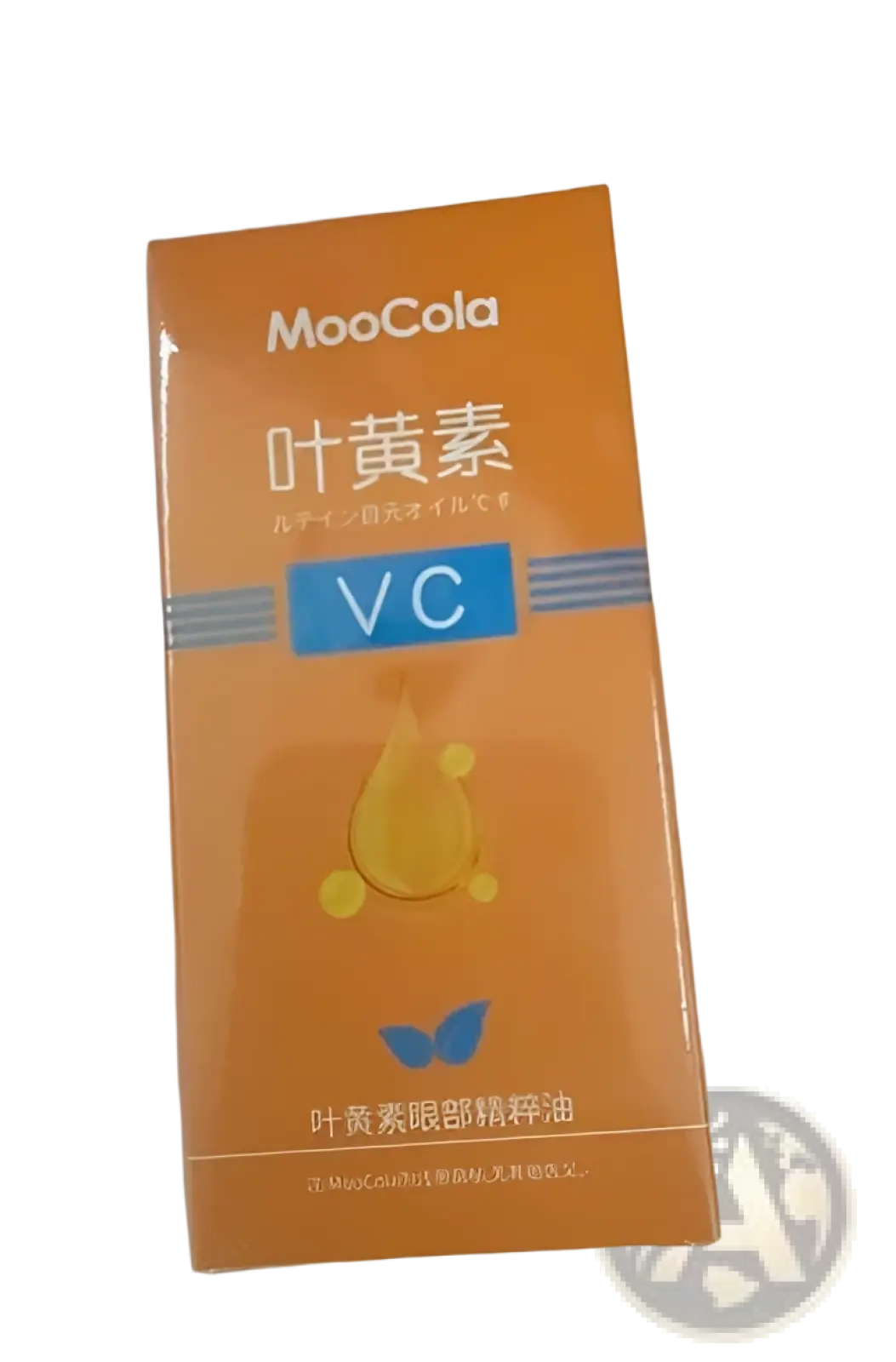 Orange rectangular box of moocola leaf vitamin eye serum with blue accents and golden droplet illustration for hydration