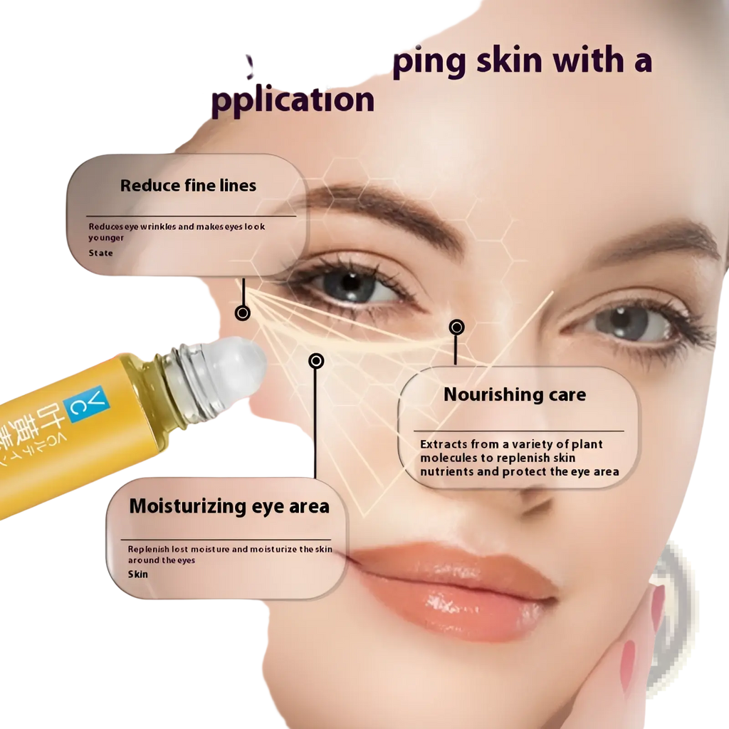 Yellow roll-on lutein eye essential oil hydrating vc serum 8ml bottle with clear glass rollerball cap and blue logo