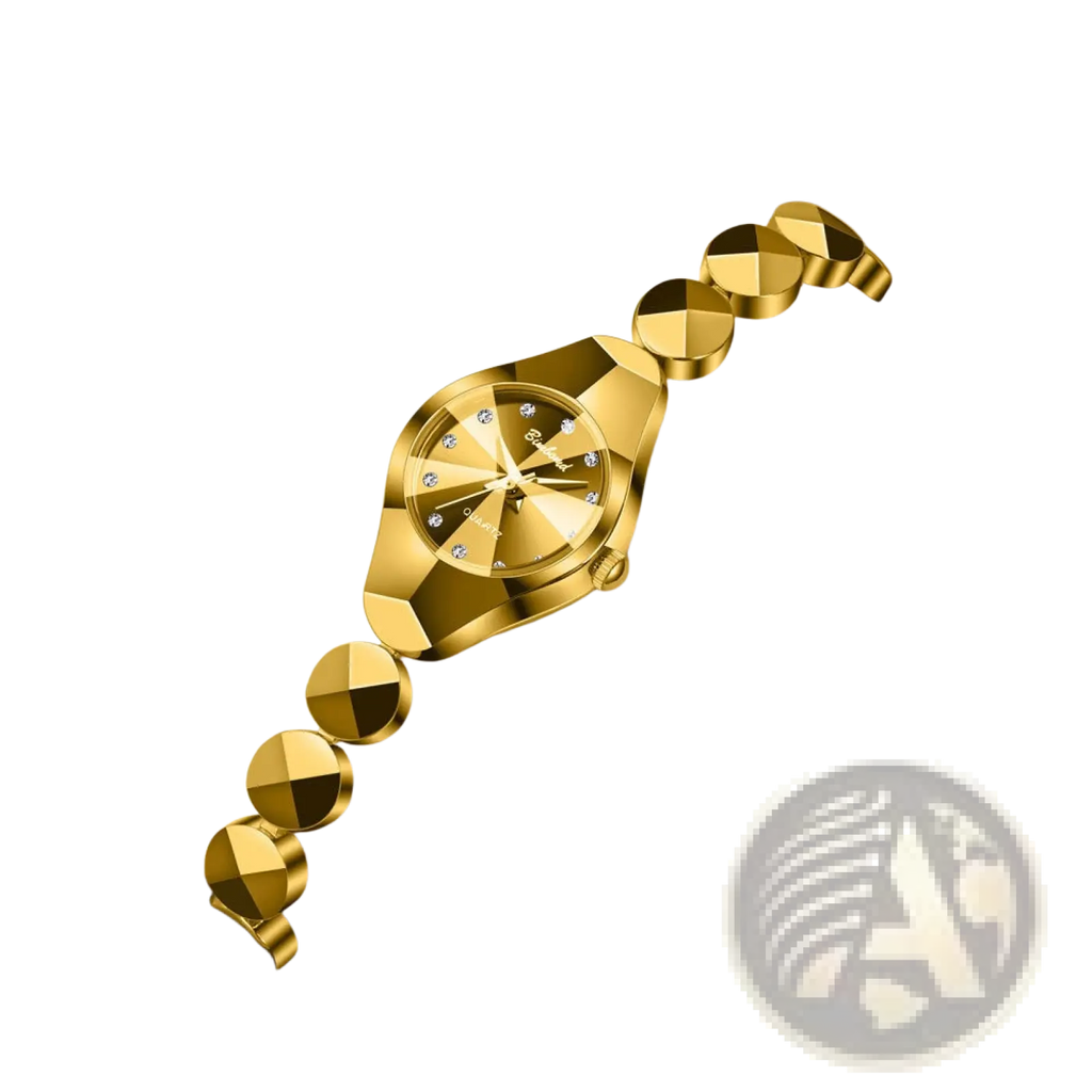 Gold-tone luxe geometric bracelet watch with faceted diamond-like bezel and matching links for elegant wear