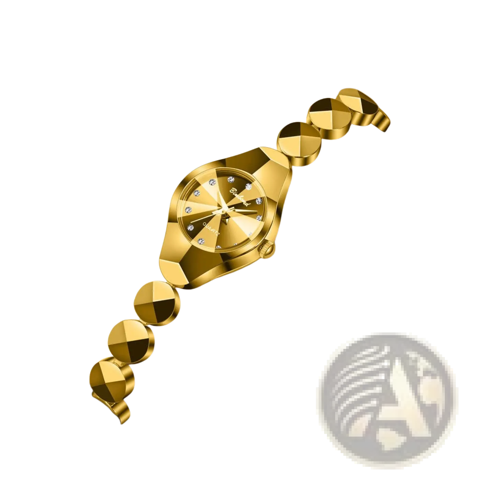 Gold-tone luxe geometric bracelet watch with faceted diamond-like bezel and matching links for elegant wear