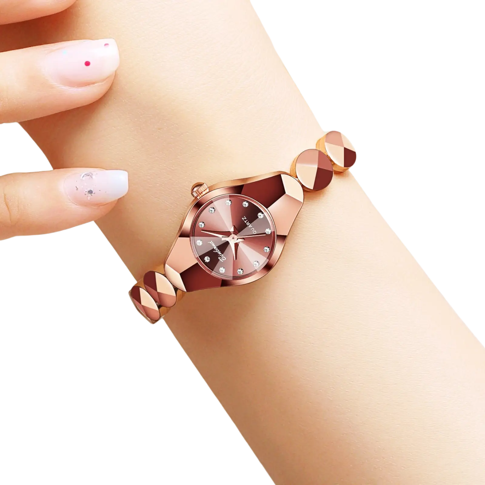 Luxe geometric faceted bracelet watch in rose gold with diamond-accented dial and matching metal chain strap
