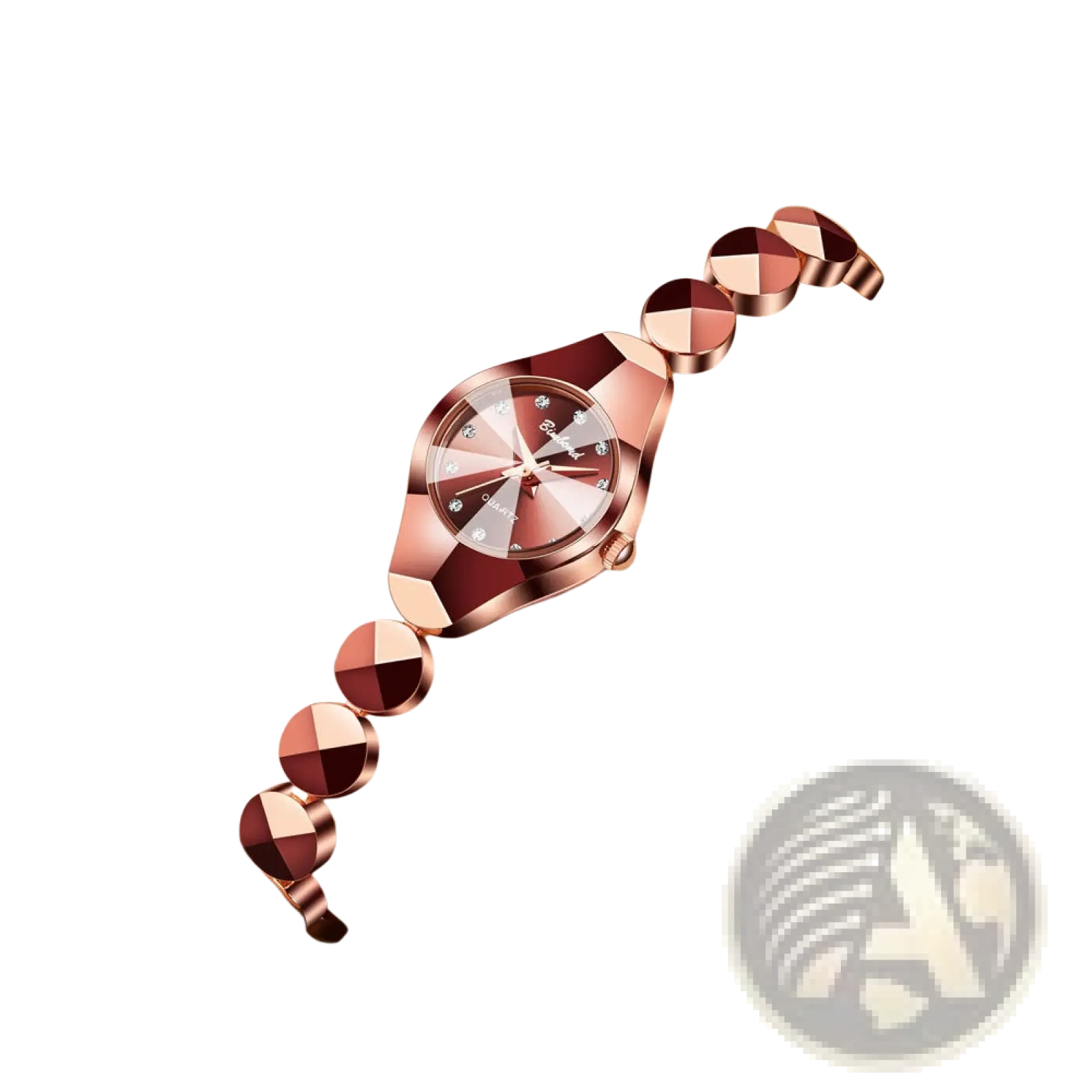 Rose gold geometric dial watch with faceted bracelet links and diamond accents for a luxe elegant look