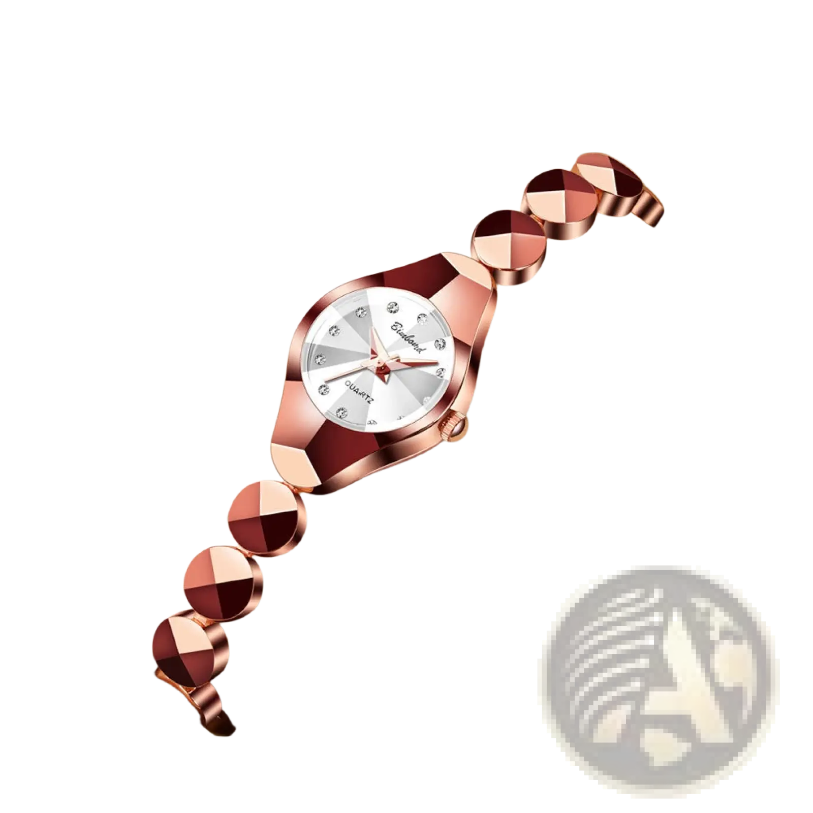 Rose gold-tone quartz luxe geometric faceted bracelet watch with diamond accents on a silver dial