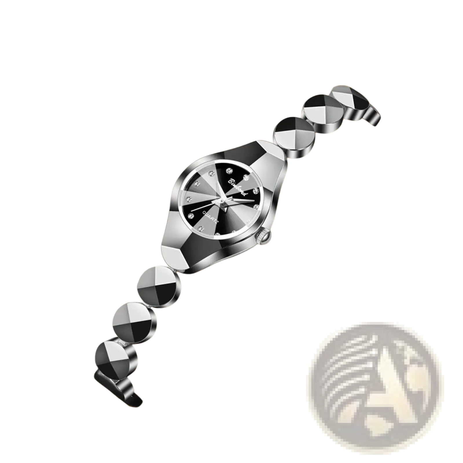Silver and black ceramic luxe geometric faceted bracelet watch with diamond accents and a faceted design