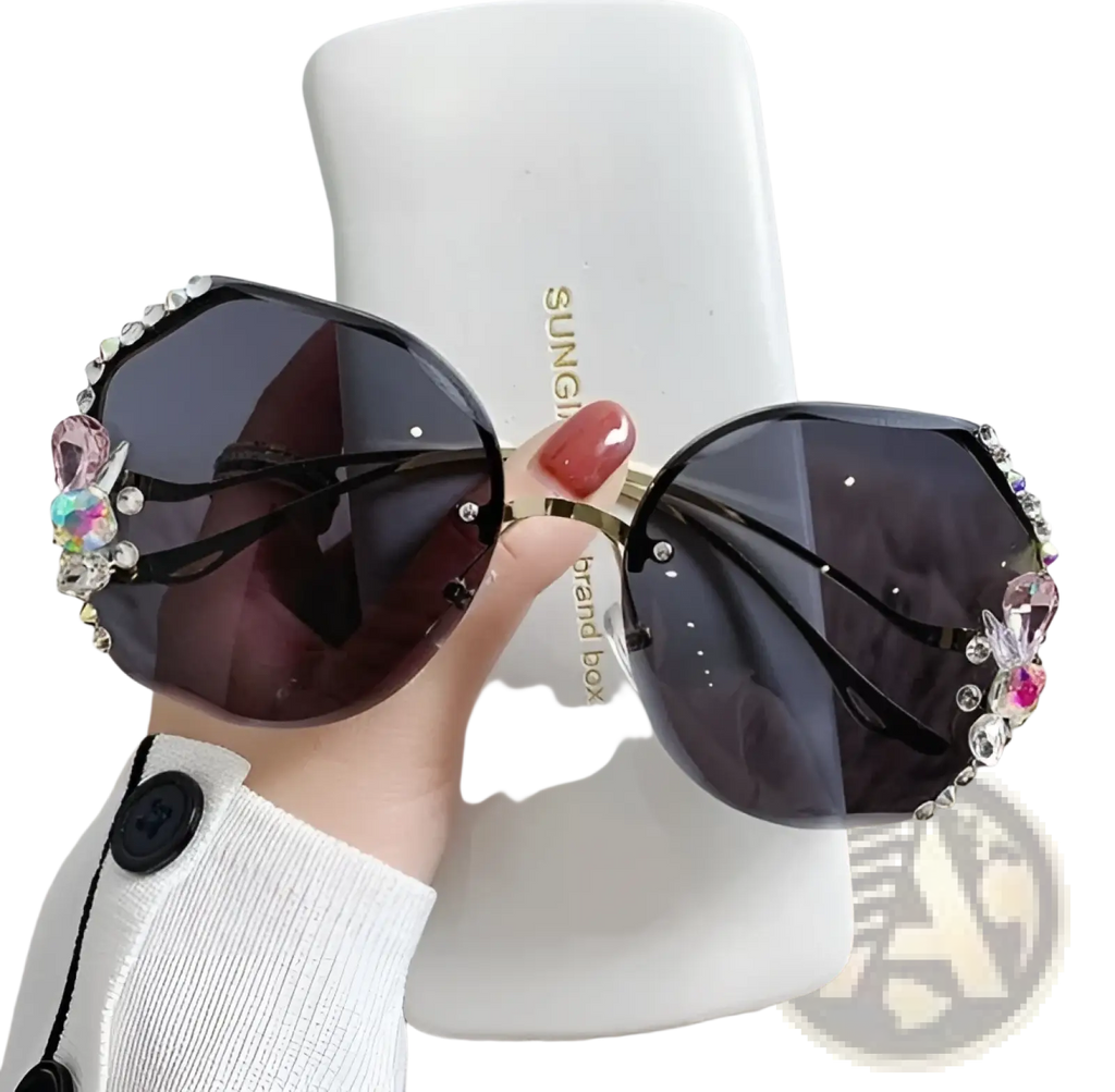 Black octagonal luxury crystal butterfly rhinestone uv400 sunglasses with sparkling rhinestones and pink crystal embellishments