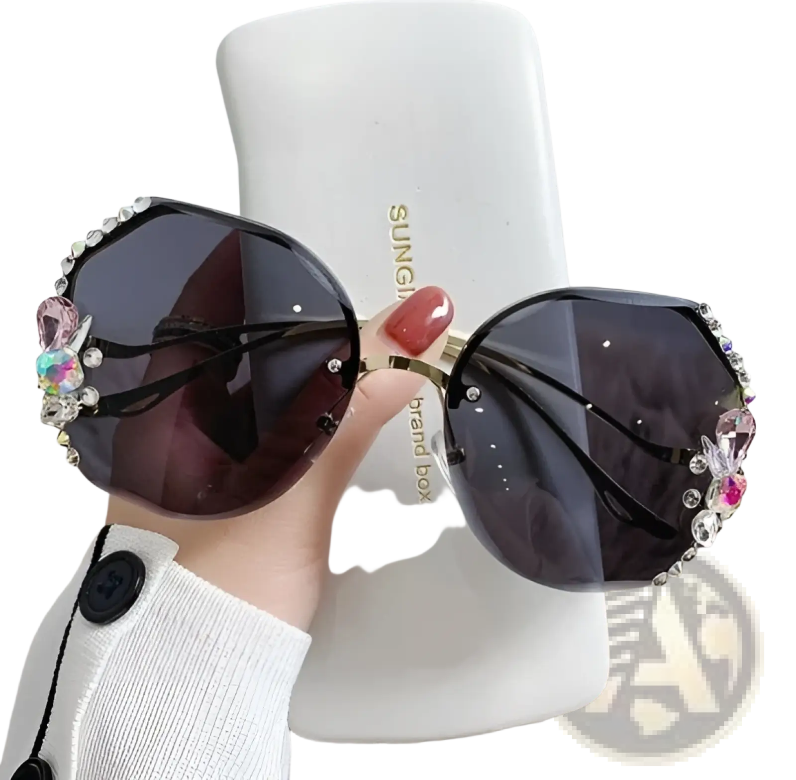 Black octagonal luxury crystal butterfly rhinestone uv400 sunglasses with sparkling rhinestones and pink crystal embellishments