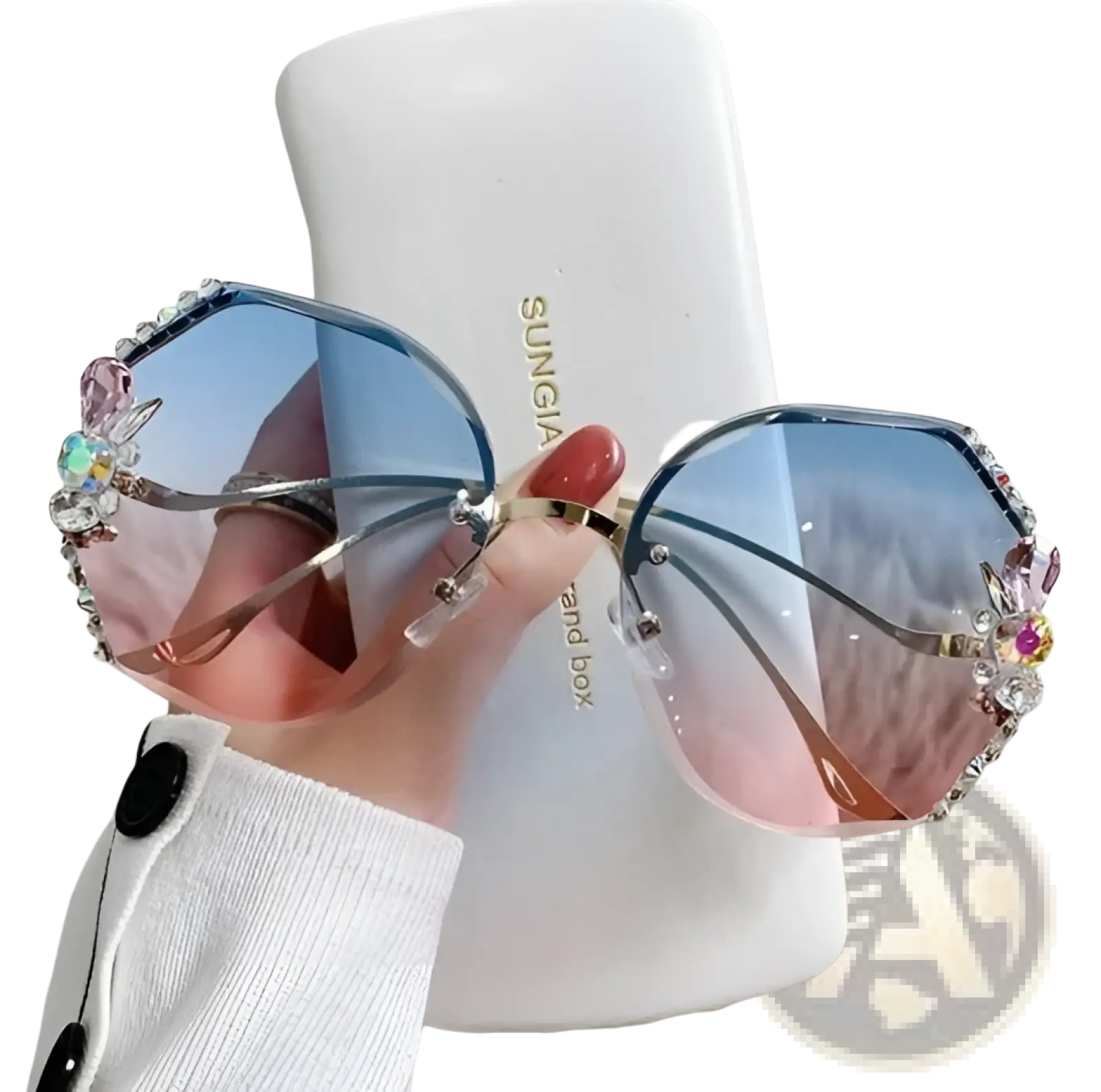 Luxury crystal butterfly rhinestone uv400 sunglasses in blue and pink gradient with crystal embellished frames