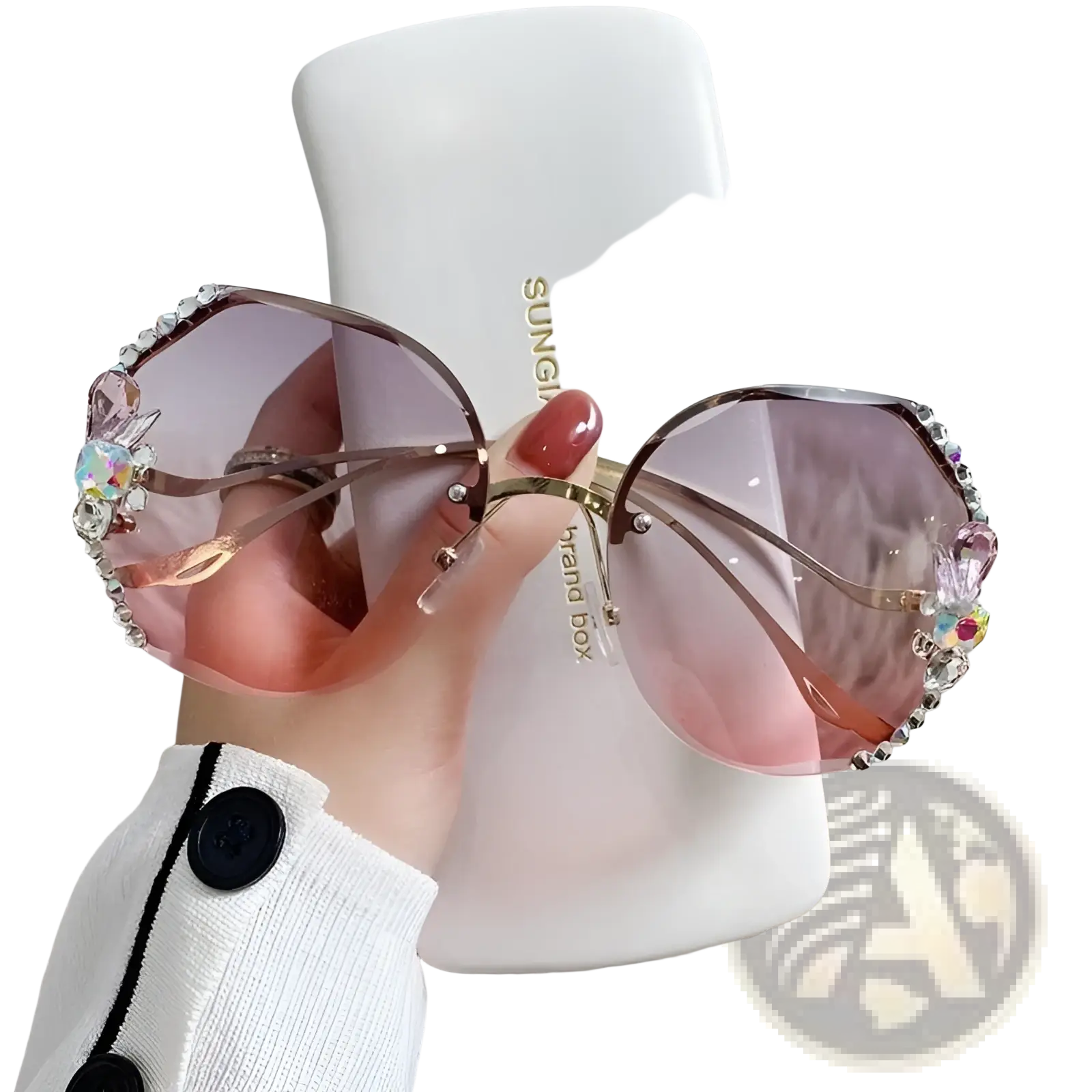 Luxury crystal butterfly rhinestone uv400 sunglasses with pink gradient lenses gold frames and colorful crystal embellishments