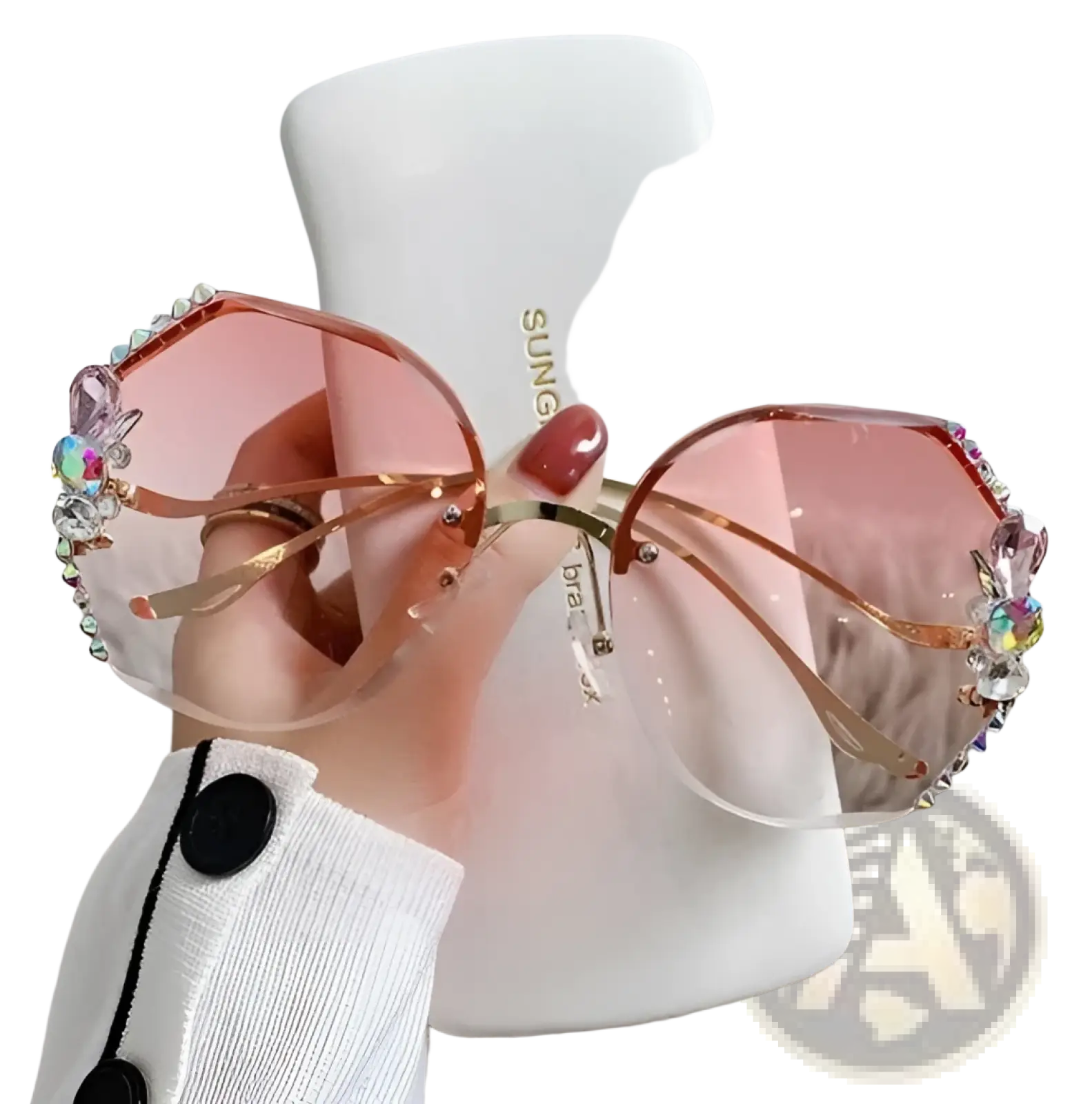 Luxury crystal butterfly rhinestone uv400 sunglasses with pink gradient lenses and gold-toned frames adorned with rhinestones and butterflies