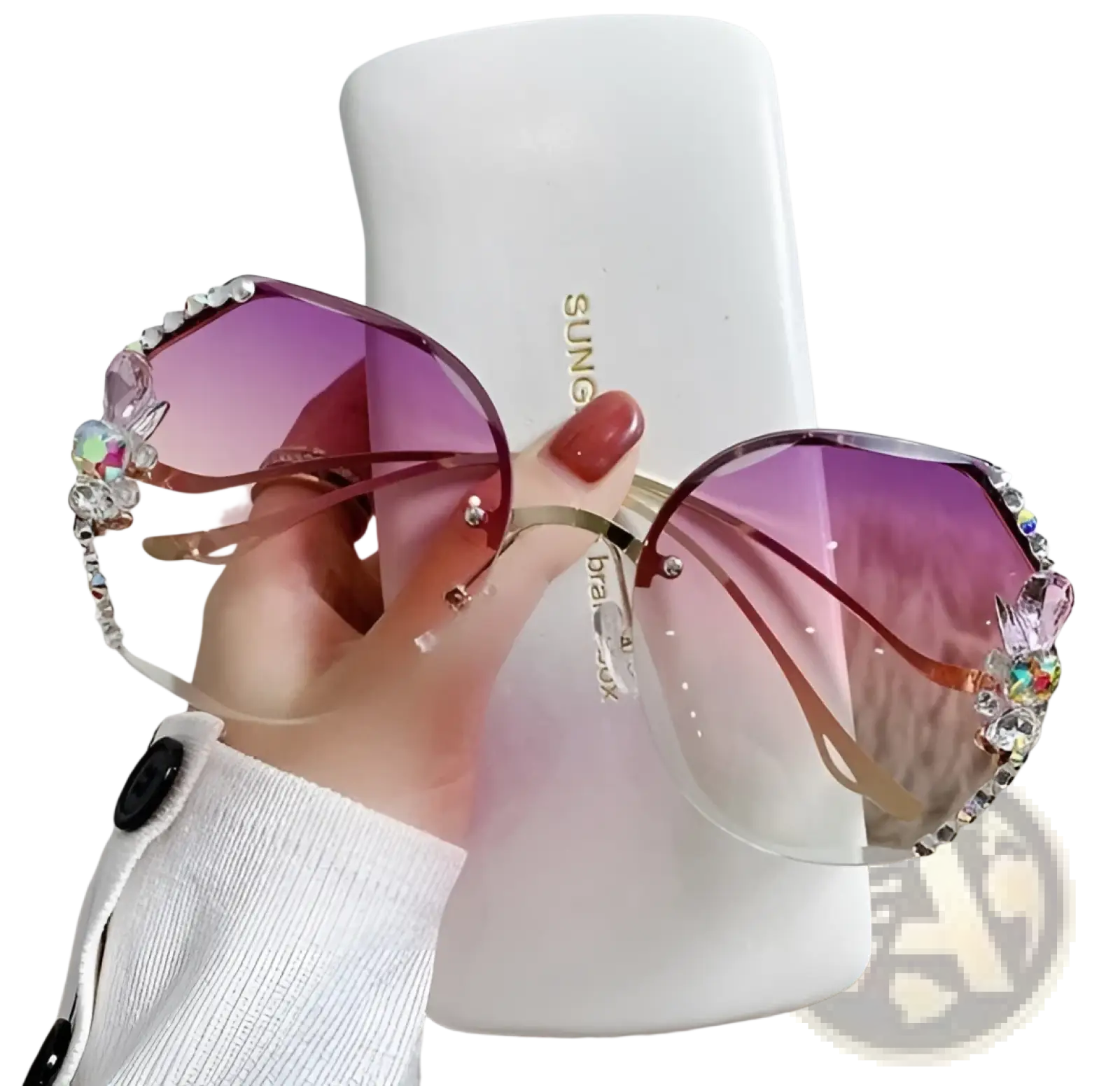 Luxury purple gradient sunglasses with crystal butterfly rhinestone embellishments on temples uv400 protection