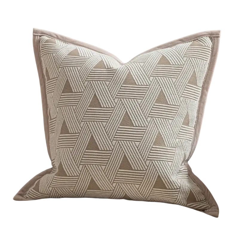Beige luxury cushion cover oatmeal with geometric woven jacquard pattern and matching fabric trim for decor use