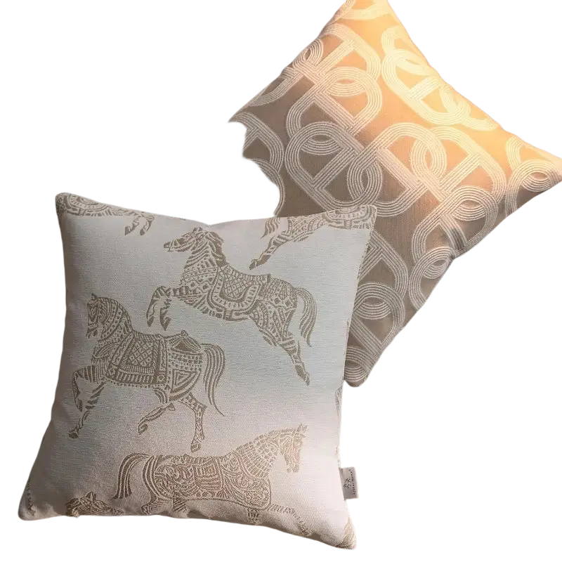 Luxury cushion cover oatmeal featuring a beige geometric jacquard design with metallic gold embroidered horses