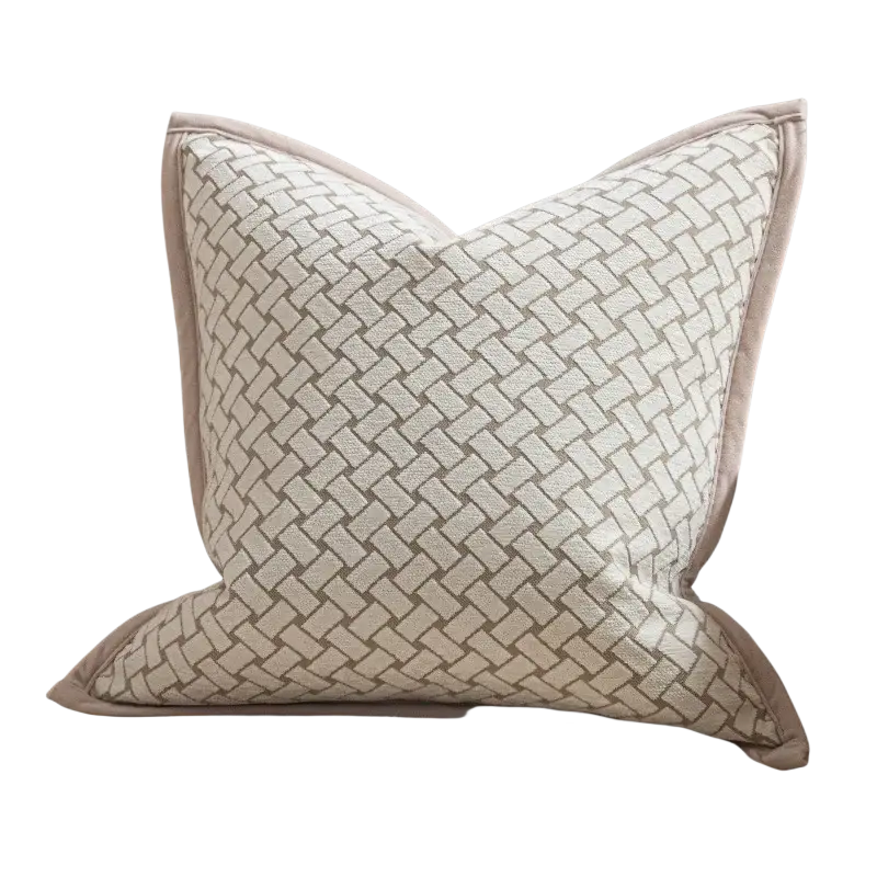 Luxury cushion cover oatmeal with subtle woven geometric jacquard pattern and soft taupe piping detail