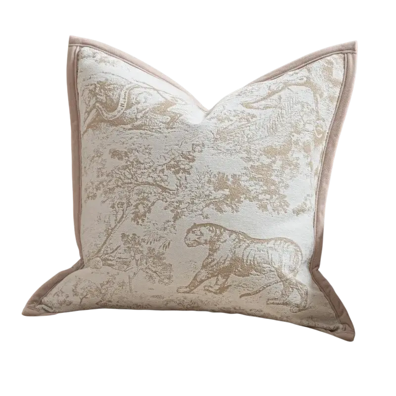 Luxury cushion cover oatmeal featuring a beige fabric with gold-toned tiger and forest print and velvet border