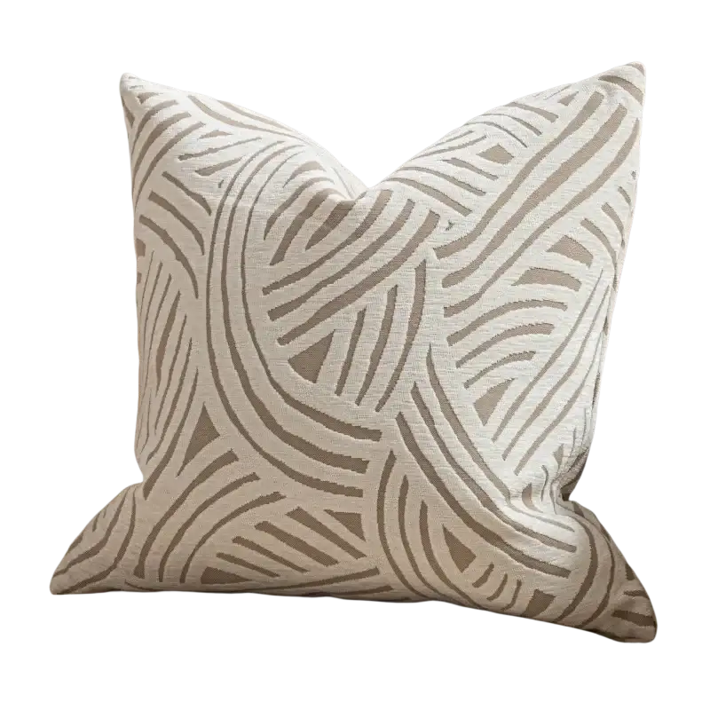 Beige luxury cushion cover oatmeal with geometric jacquard pattern of interwoven taupe lines for elegant decor