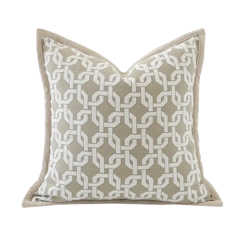 Luxury cushion cover oatmeal with beige geometric jacquard pattern and matching fabric border for home decor