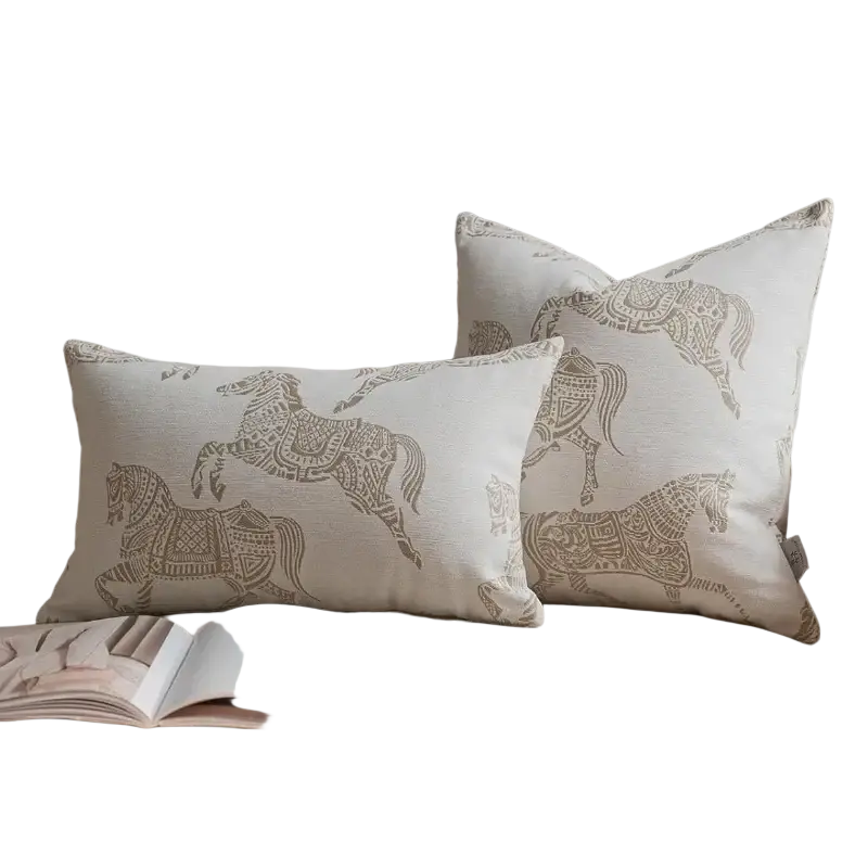 Beige luxury cushion cover oatmeal with taupe horse designs in woven geometric jacquard textile pattern