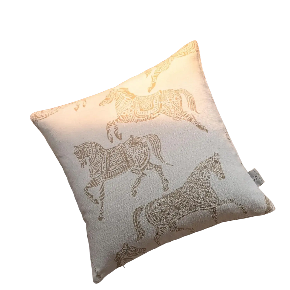 Cream-colored luxury cushion cover oatmeal with three metallic gold patterned horses in geometric jacquard fabric