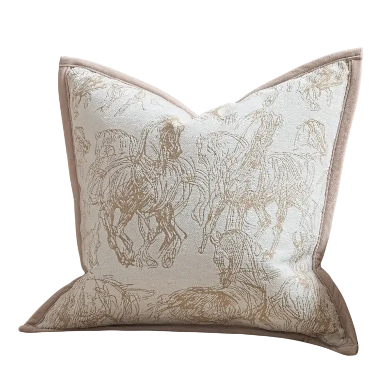 Luxury cushion cover oatmeal with cream fabric and gold horse sketch framed by beige velvet border for elegant decor