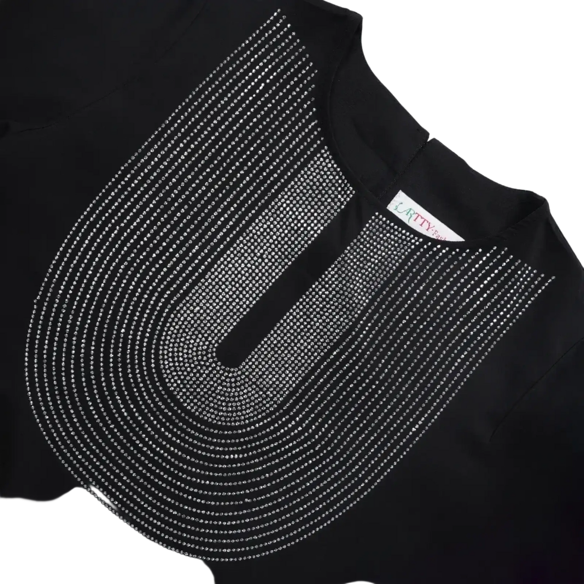 Luxury Dubai abaya beaded evening party dress featuring a black top with a sparkling silver rhinestone u-shaped neckline