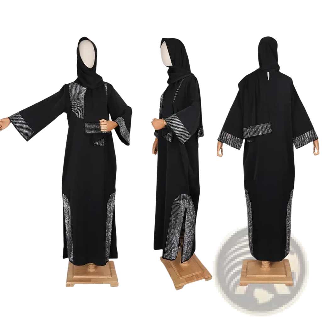 Black luxury Dubai abaya with silver sequined accents on sleeves front and side panels for evening party wear