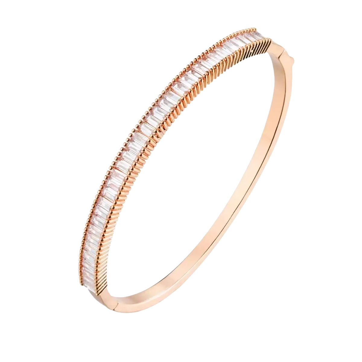 Luxury gold plated bangle bracelet in rose gold with clear rectangular cubic zirconia stones on a textured band