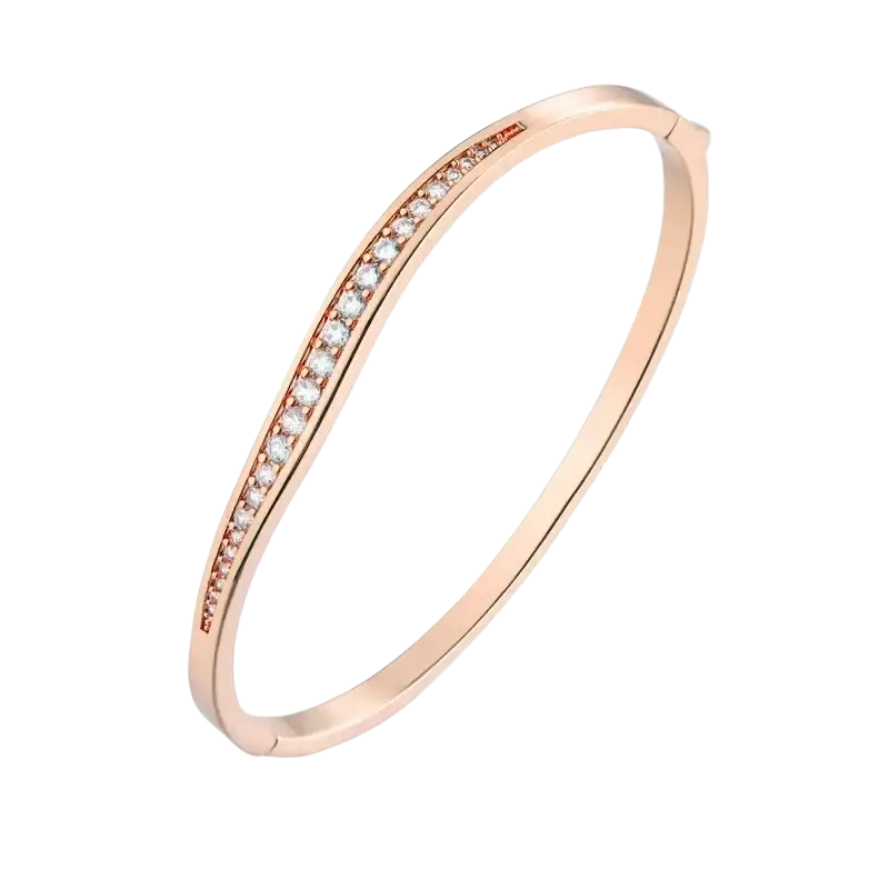Rose gold luxury gold plated bangle bracelet adorned with a row of clear sparkling cubic zirconia stones