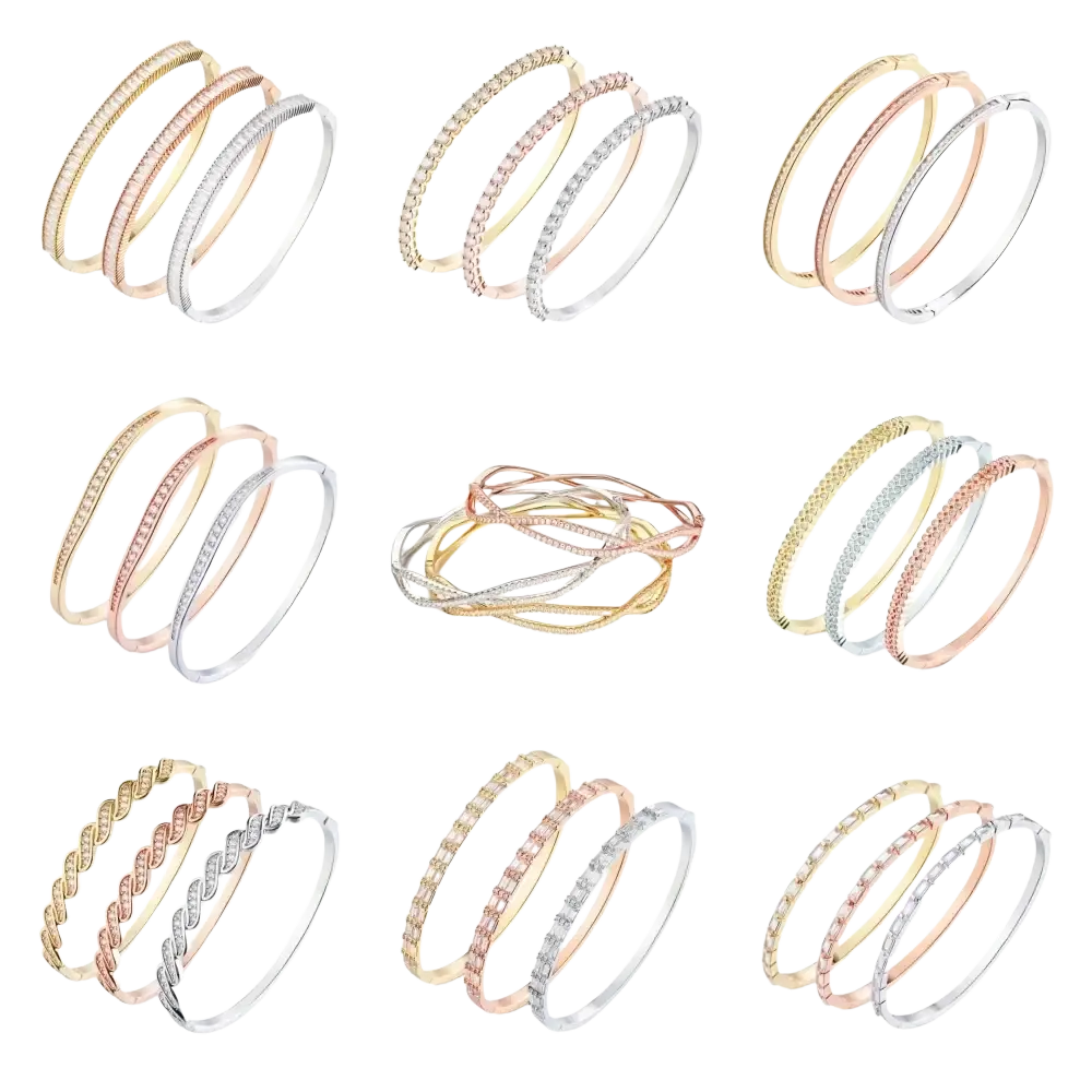 Set of luxury gold plated bangle bracelets in gold, rose gold, and silver tones with pave cubic zirconia detailing