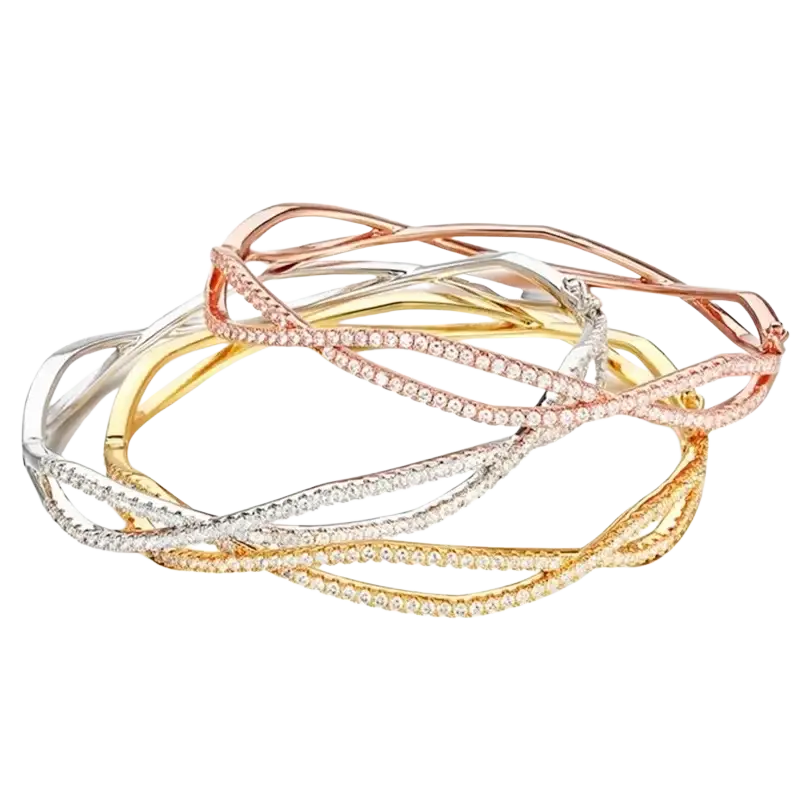 Set of three luxury gold plated bangle bracelets in rose gold yellow gold and silver with cubic zirconia crystals