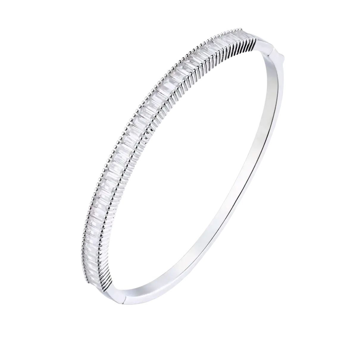 Silver luxury gold plated bangle bracelet with baguette-cut cubic zirconia stones and textured inner ridges