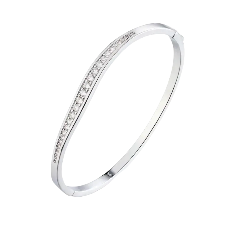 Silver luxury gold plated bangle bracelet with sparkling cubic zirconia stones along its curved edge