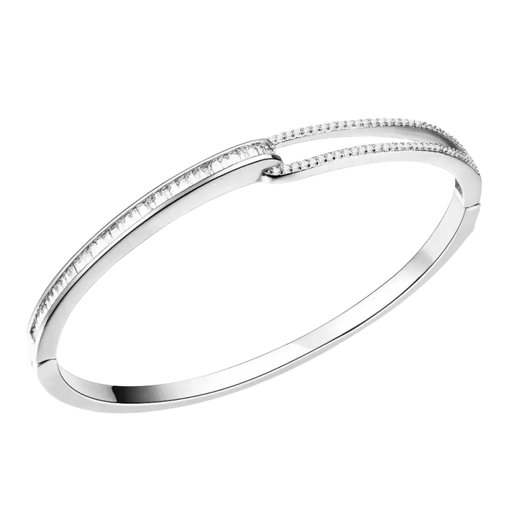 Luxury gold plated bangle bracelet with silver sleek modern design and interlocking bands featuring clear stones