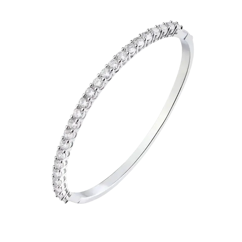 Luxury gold plated bangle bracelet featuring a sleek silver tone and sparkling round-cut cubic zirconia stones