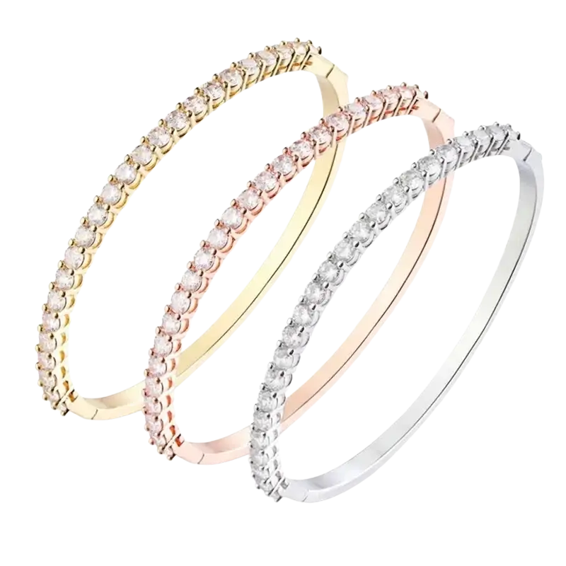 Three luxury gold plated bangle bracelets with sparkling cubic zirconia in gold tone rose gold and silver finishes