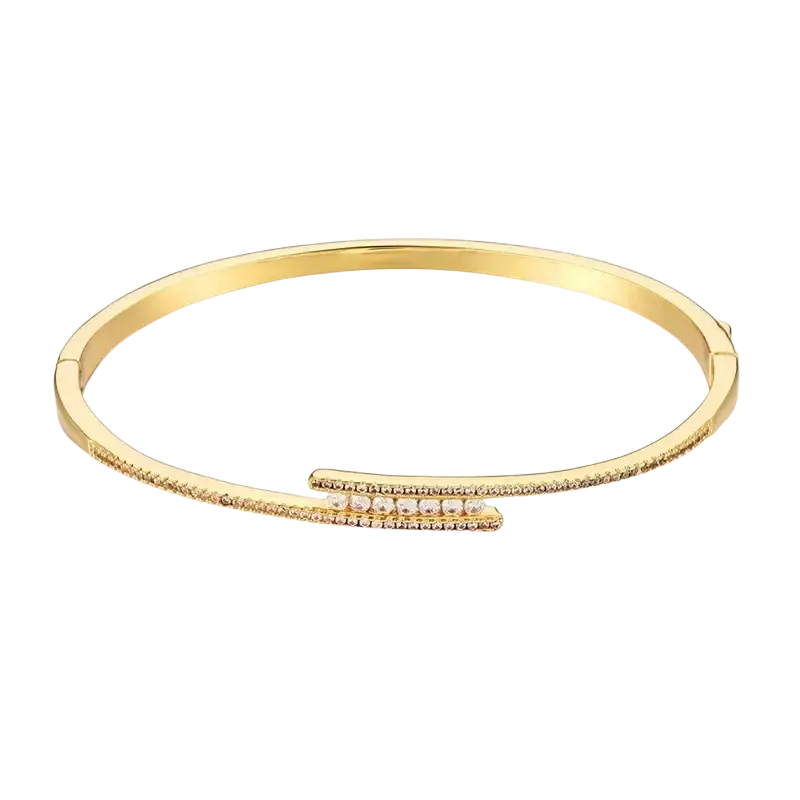 Luxury gold plated bangle bracelet featuring a sleek gold plated band with two rows of sparkling clear cubic zirconia stones